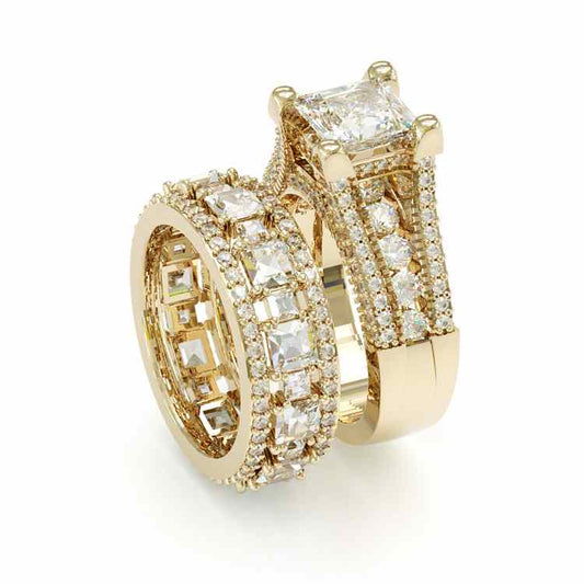 Jorrio handmade gold 3ct princess cut sterling silver 2pcs wedding bridal ring set