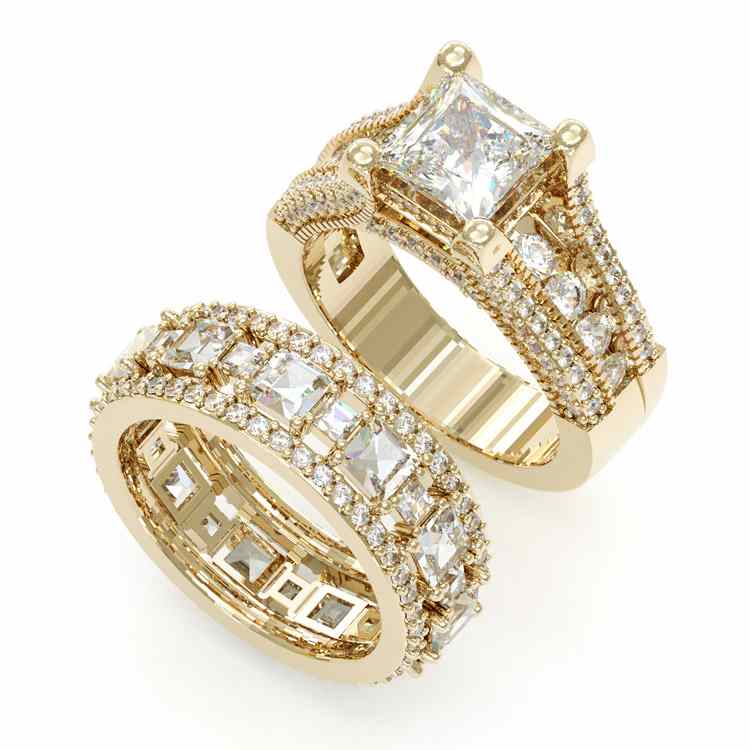 Jorrio handmade gold 3ct princess cut sterling silver 2pcs wedding bridal ring set
