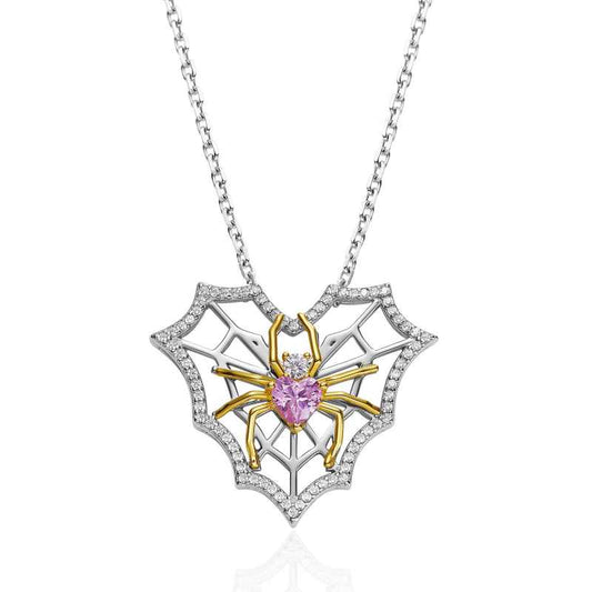 Jorrio Handmade Pink Heart Cobweb Sterling Silver Diamond Necklace