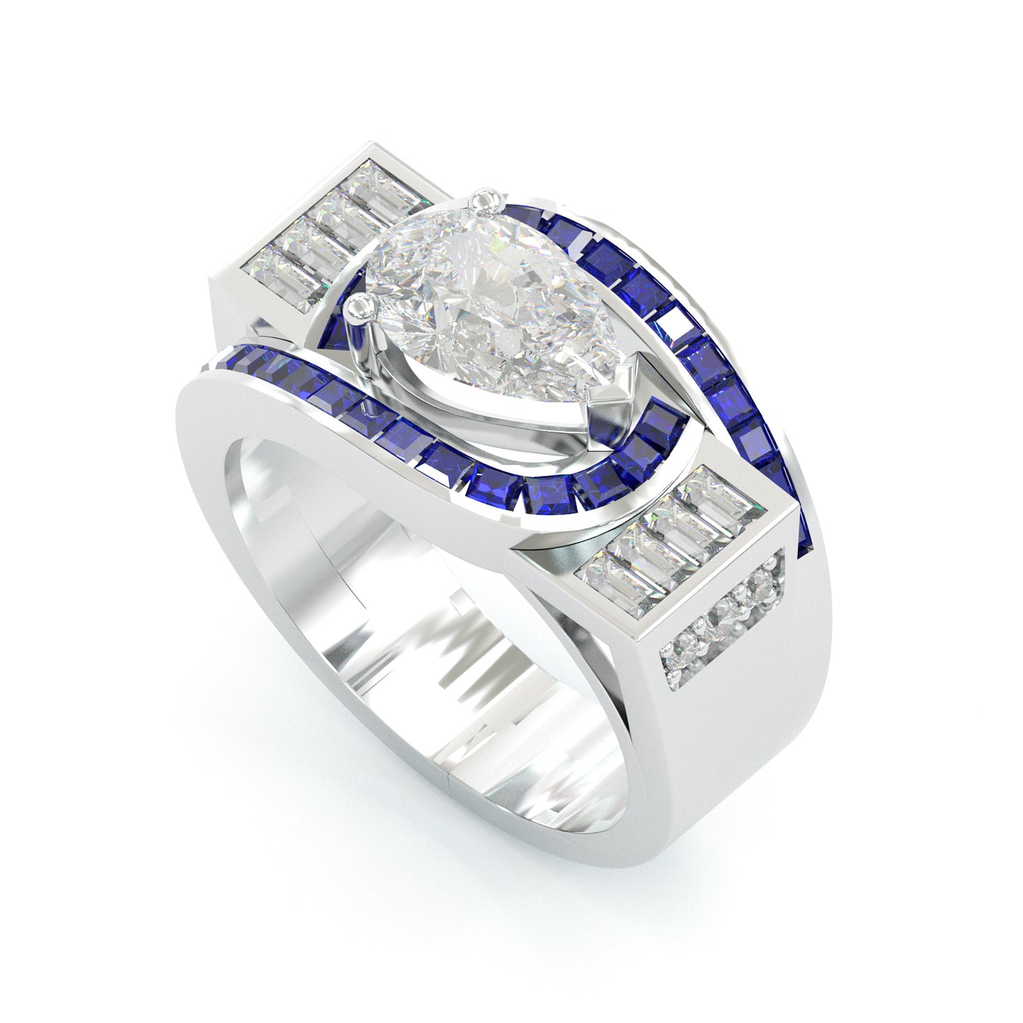 Jorrio handmade geometric halo sapphire-inlaid pear-cut statement ring