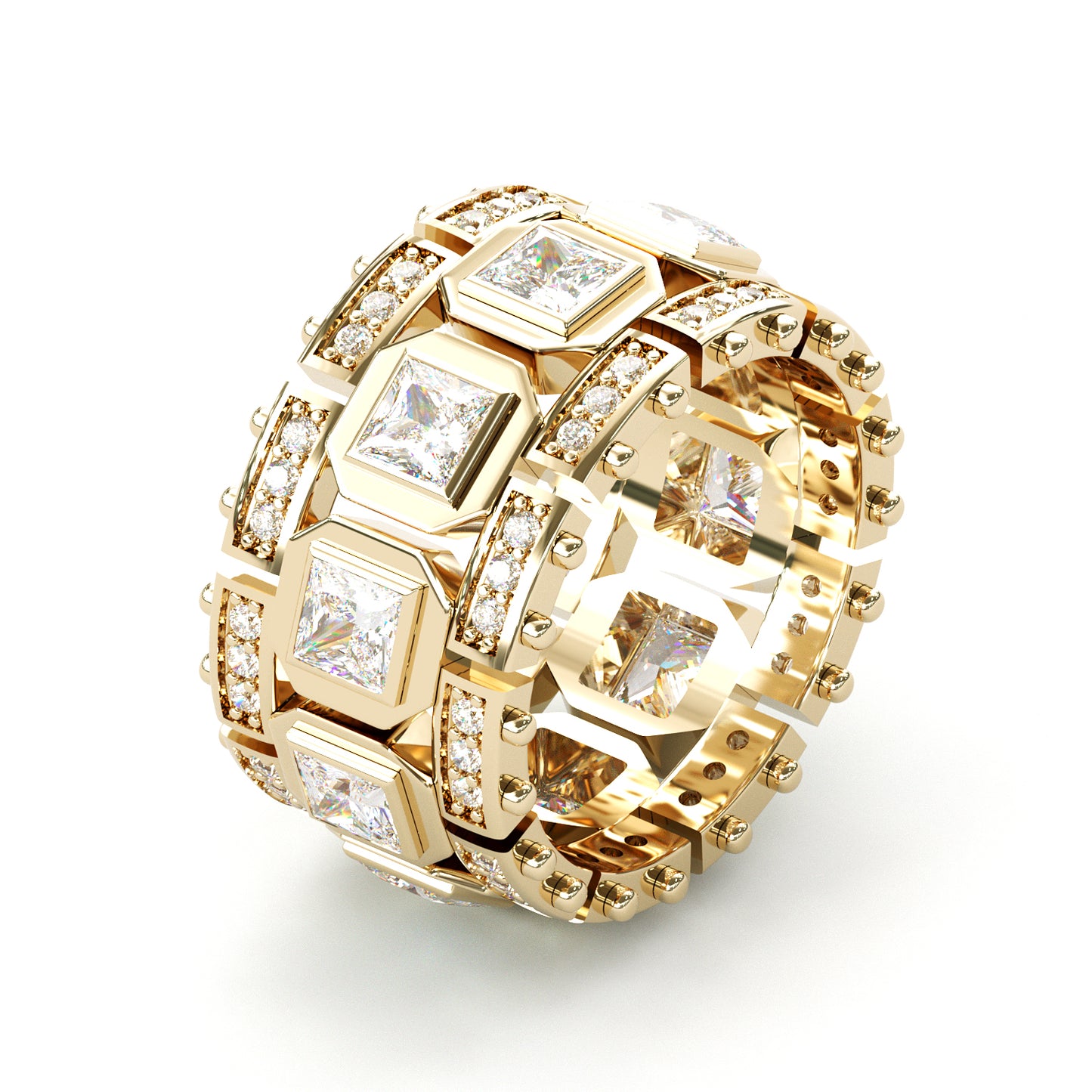 Jorrio Handmade Bold Square-link Princess Stone Full-iced Men’s Band Ring