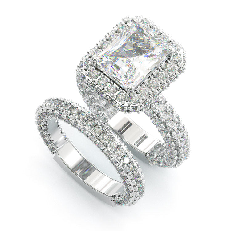 Jorrio handmade 3.5ct radiant cut halo vintage sterling silver wedding ring set