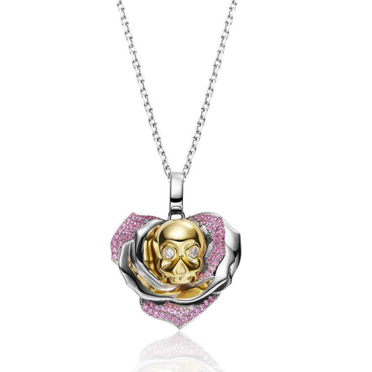 Jorrio Handmade Pink Round Skull Rose Sterling Silver Diamond Necklace