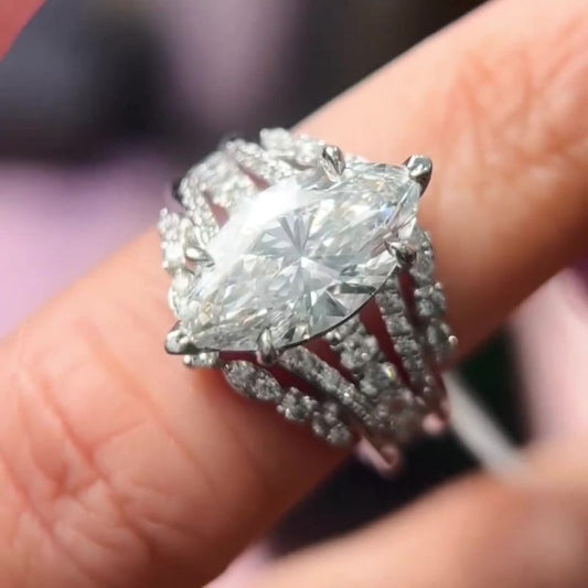Jorrio Vintage 3 CT Marquise Cut Created 2 PCS Diamond Sterling Silver Bridal Set Wedding Ring