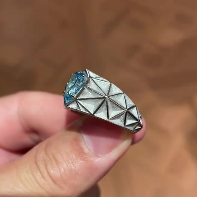 Jorrio handmade pear-shaped aqua blue architectural style men’s ring