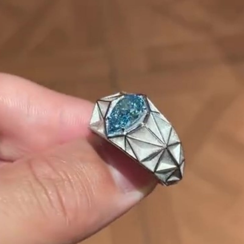 Jorrio handmade pear-shaped aqua blue architectural style men’s ring