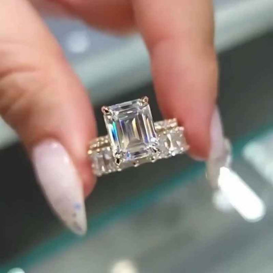 Jorrio handmade gold emerald cut vintage sterling silver wedding ring set