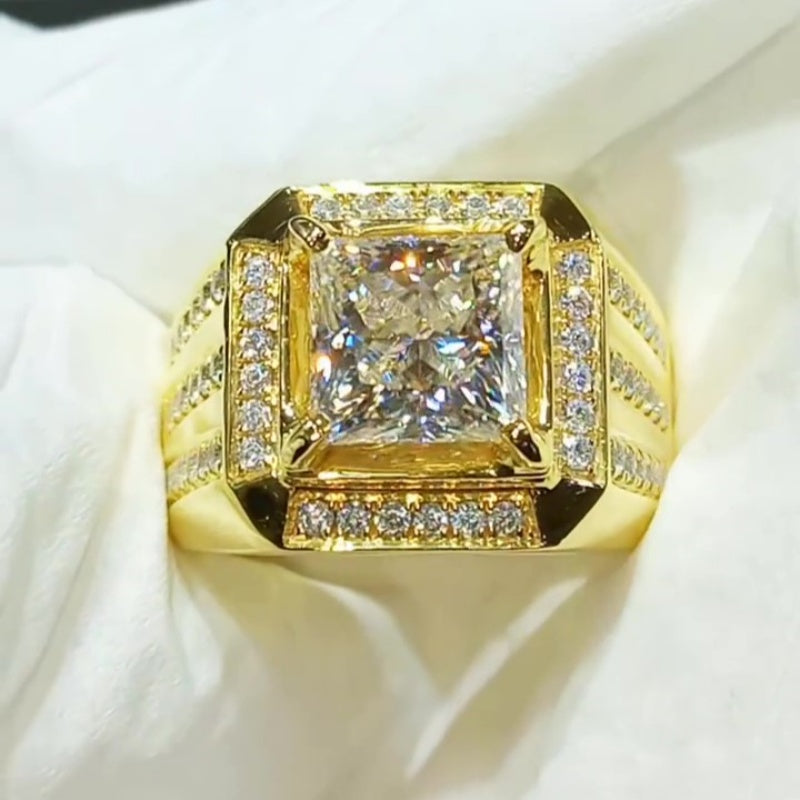 Jorrio handmade luxury gold-tone princess cut halo sparkle wide band men's ring