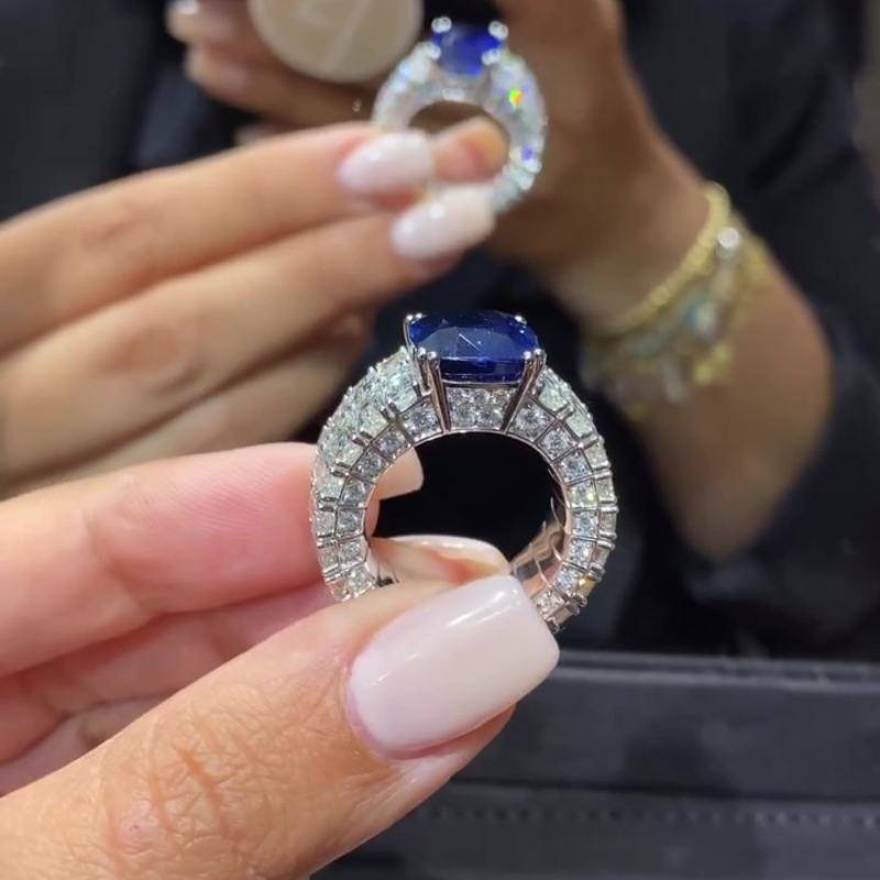 Jorrio handmade sapphire cushion cut diamond sterling silver engagement ring