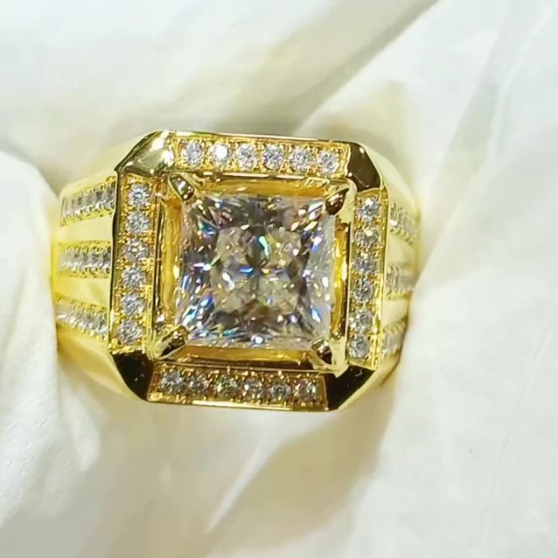Jorrio handmade luxury gold-tone princess cut halo sparkle wide band men's ring