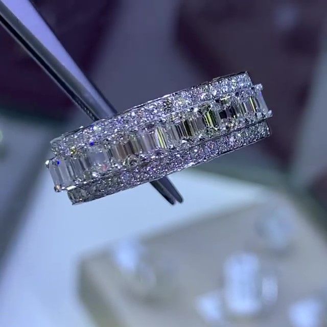 Jorrio Handmade Emerald Cut Sterling Silver Eternity Women's Band Wedding Ring