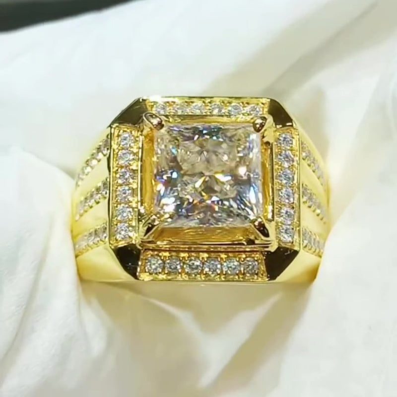 Jorrio handmade luxury gold-tone princess cut halo sparkle wide band men's ring
