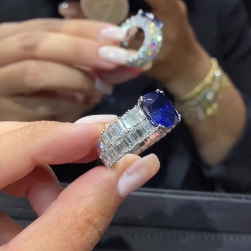 Jorrio handmade sapphire cushion cut diamond sterling silver engagement ring