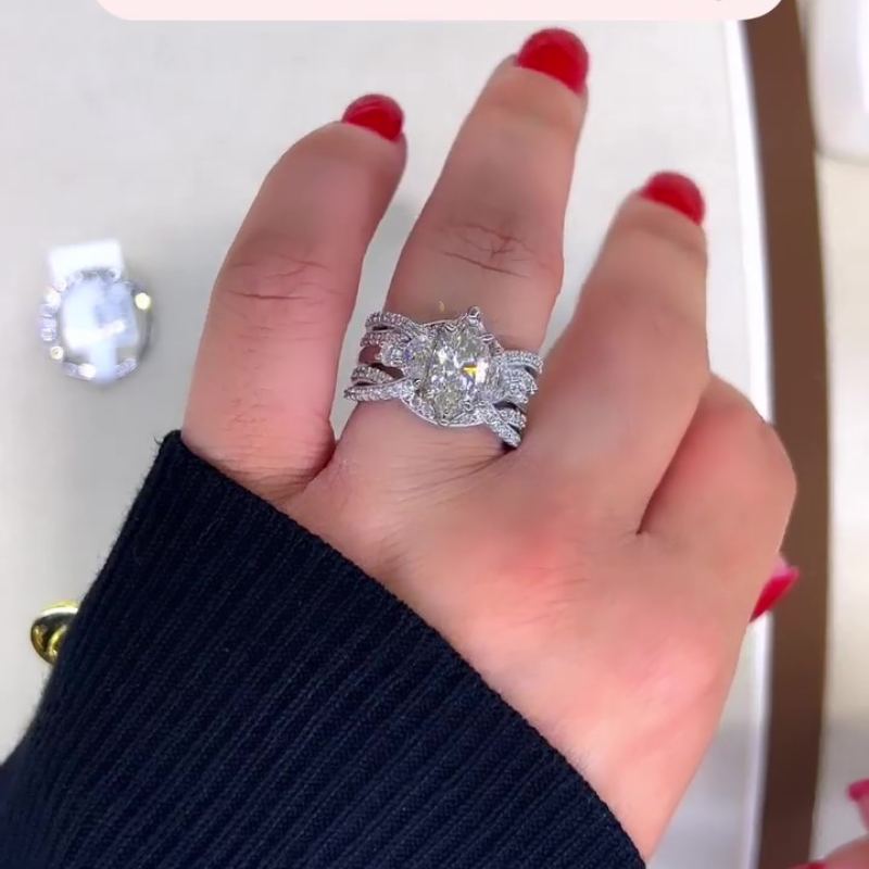 Jorrio handmade 1 ct marquise cut 2 pieces vintage sterling silver bridal ring set