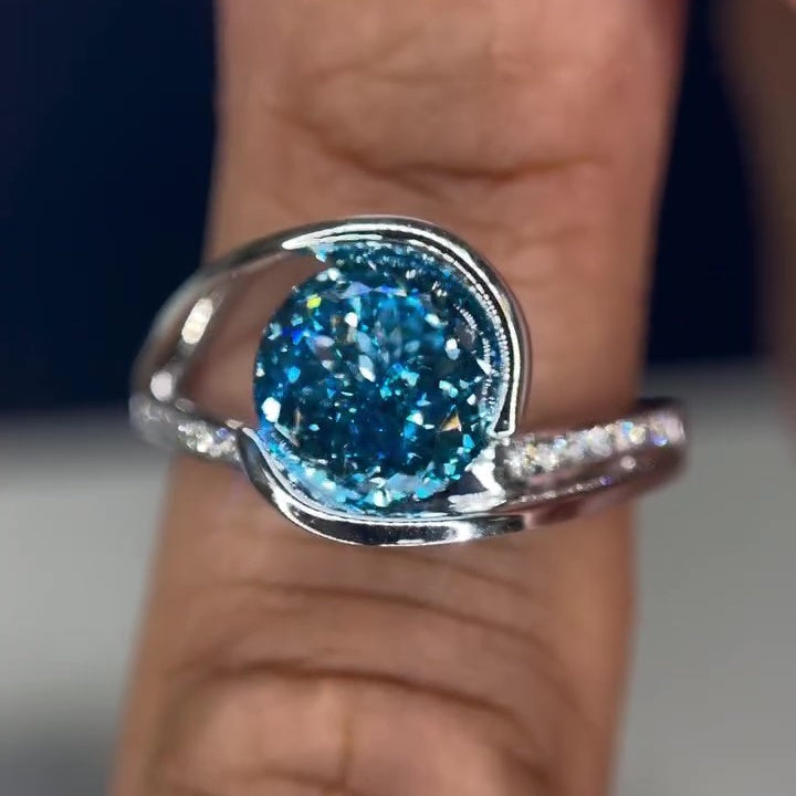 Jorrio unique 3ct blue topaz round cut sterling silver ring