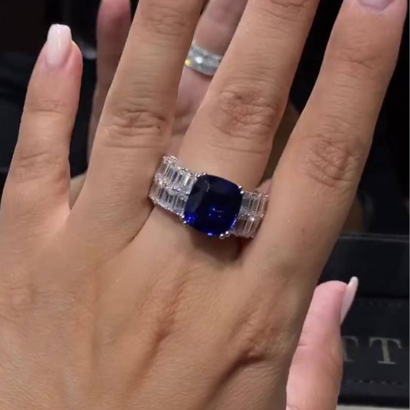 Jorrio handmade sapphire cushion cut diamond sterling silver engagement ring