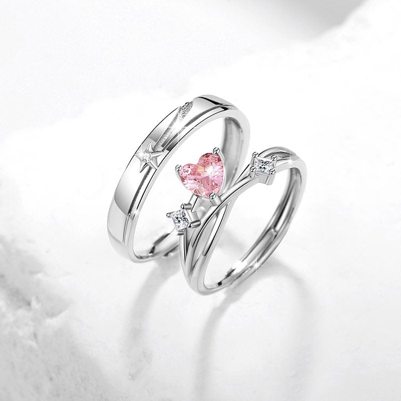 Jorrio delicate pink heart star Sterling Silver Adjustable Couple Rings