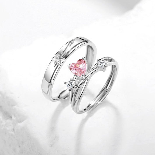 Jorrio delicate pink heart star Sterling Silver Adjustable Couple Rings