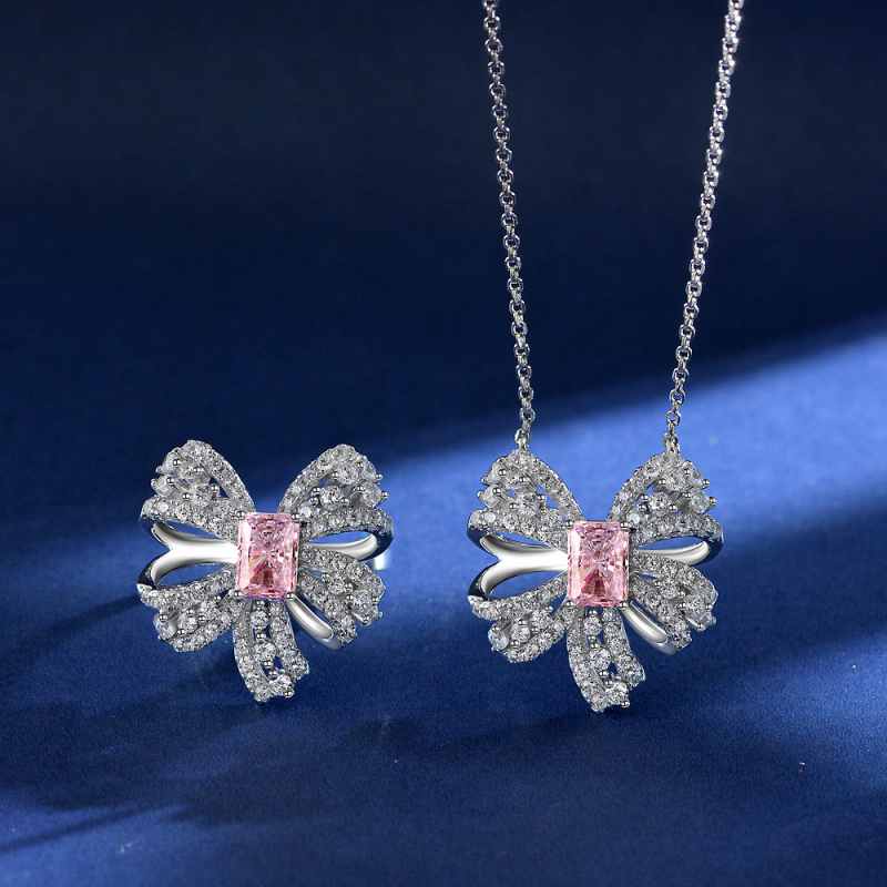 Jorrio handmade pink radiant bow sterling silver diamond necklace