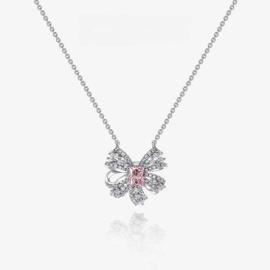 Jorrio handmade pink radiant bow sterling silver diamond necklace