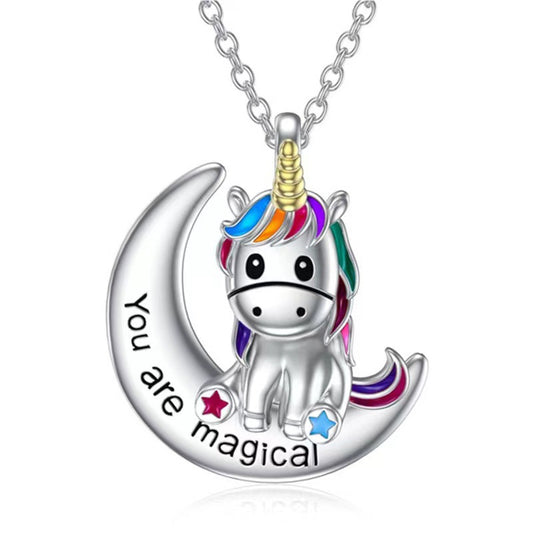 Jorrio handmade  cute moon colorful unicorn sterling silver necklace