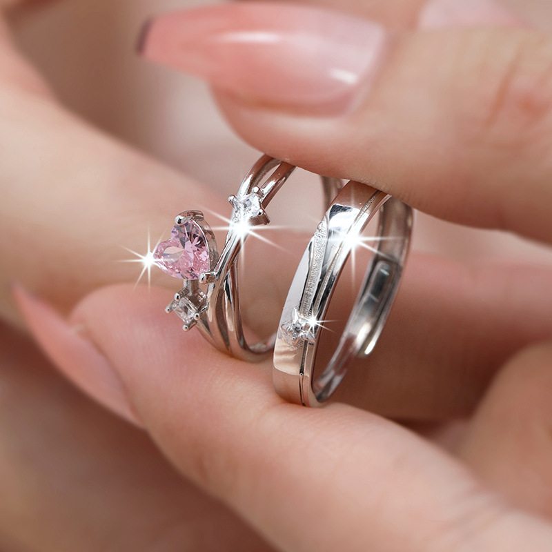 Jorrio delicate pink heart star Sterling Silver Adjustable Couple Rings