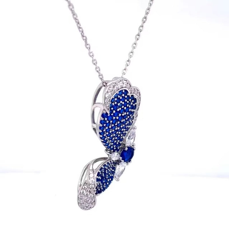 Jorrio Handmade Burma Blue Round Cut Butterfly Sterling Silver Necklace