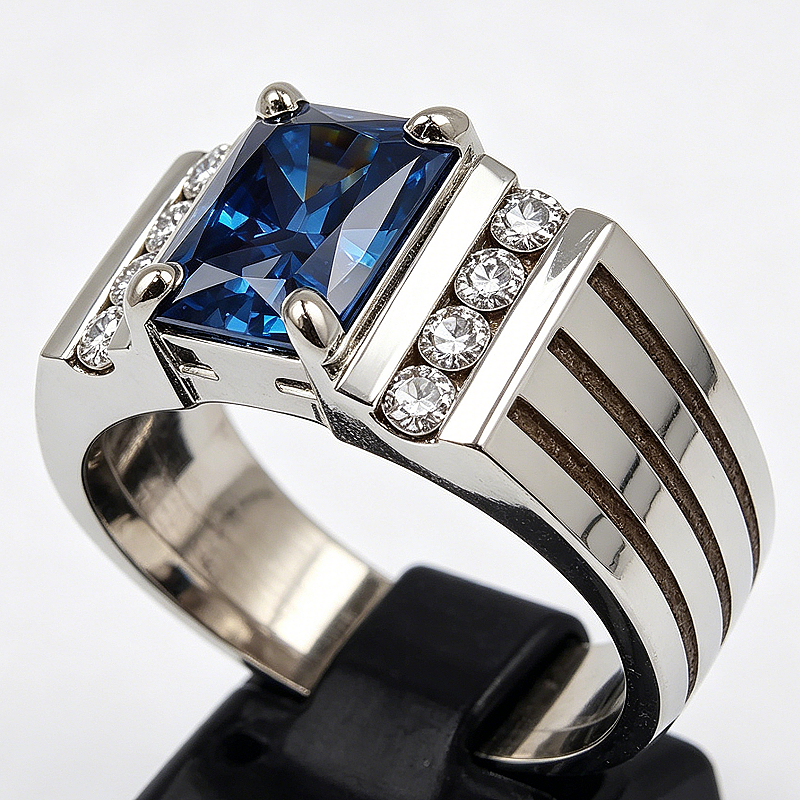 Jorrio Handmade Modern Geometric Blue Sapphire CZ Men’s Luxury Statement Ring