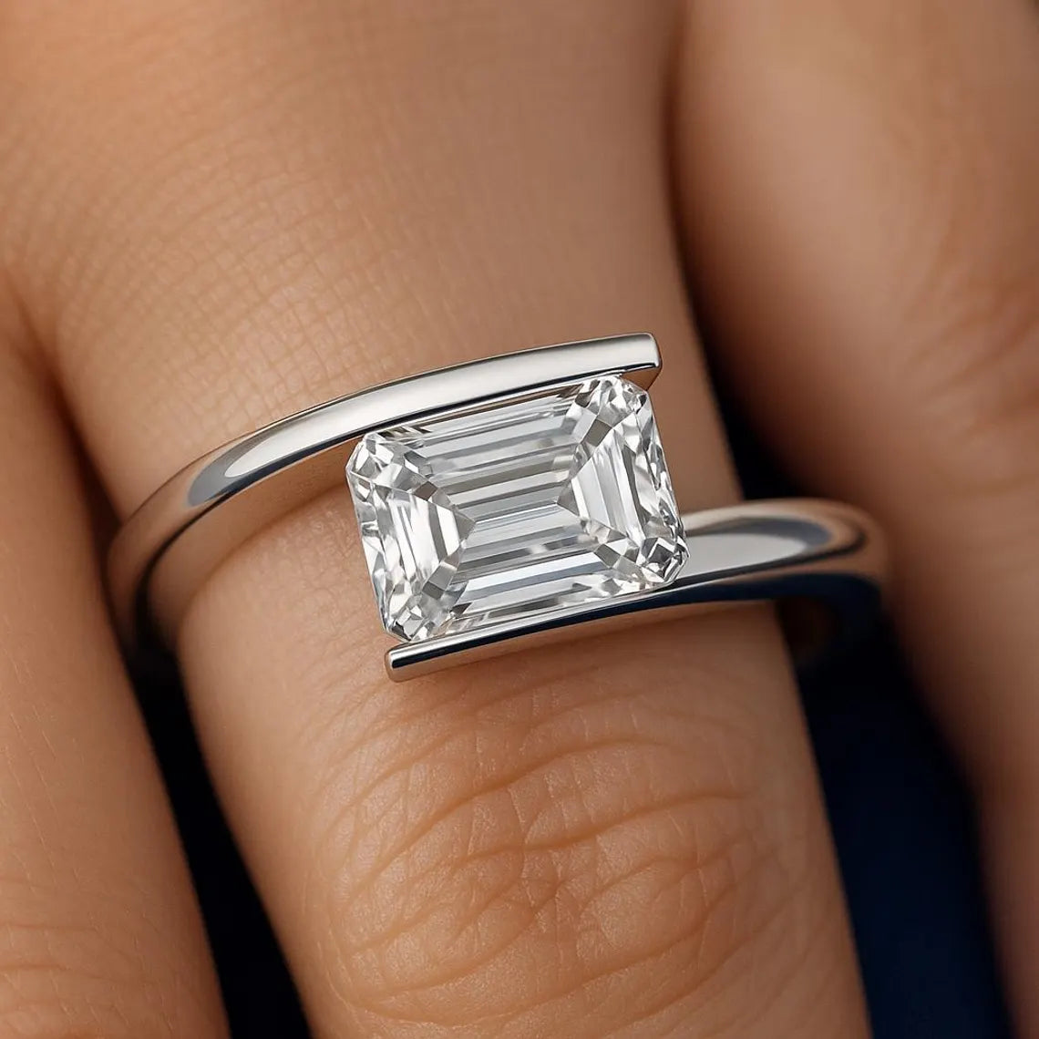 Jorrio Handmade Emerald Cut Moissanite Modern Bypass Ring