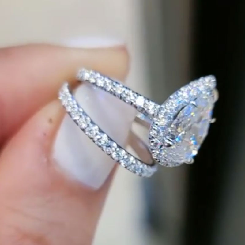 Jorrio handmade pear cut halo created diamond sterling silver bridal set wedding ring