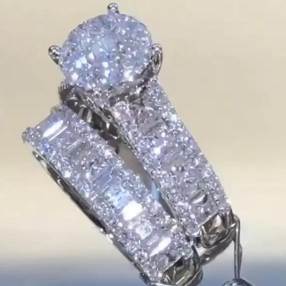 Jorrio handmade created 3ct round diamond sterling silver wedding set