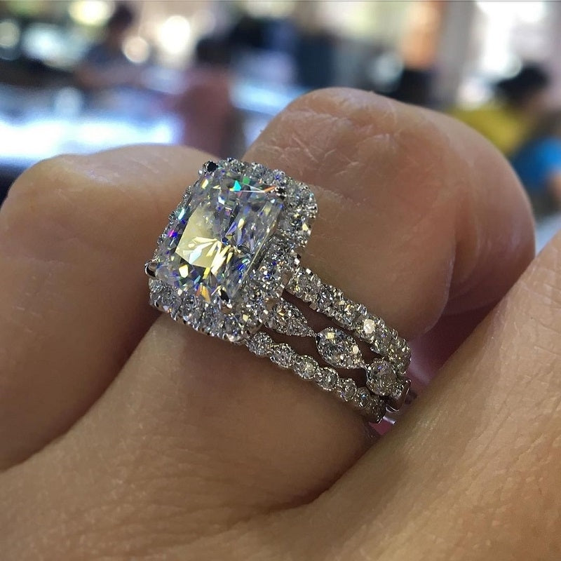 Jorrio handmade cushion cut 3 pcs sterling silver bridal wedding ring set