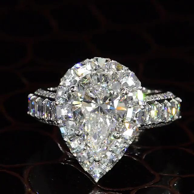 Jorrio handmade vintage pear shaped halo diamond sterling silver engagement ring