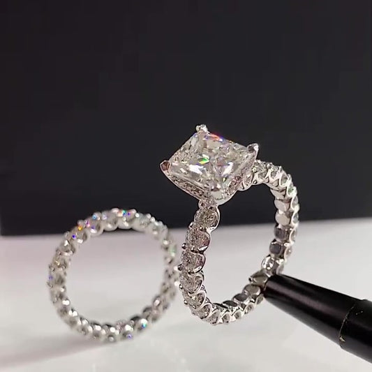 Jorrio handmade radiant cut diamond wedding ring sterling silver bridal set