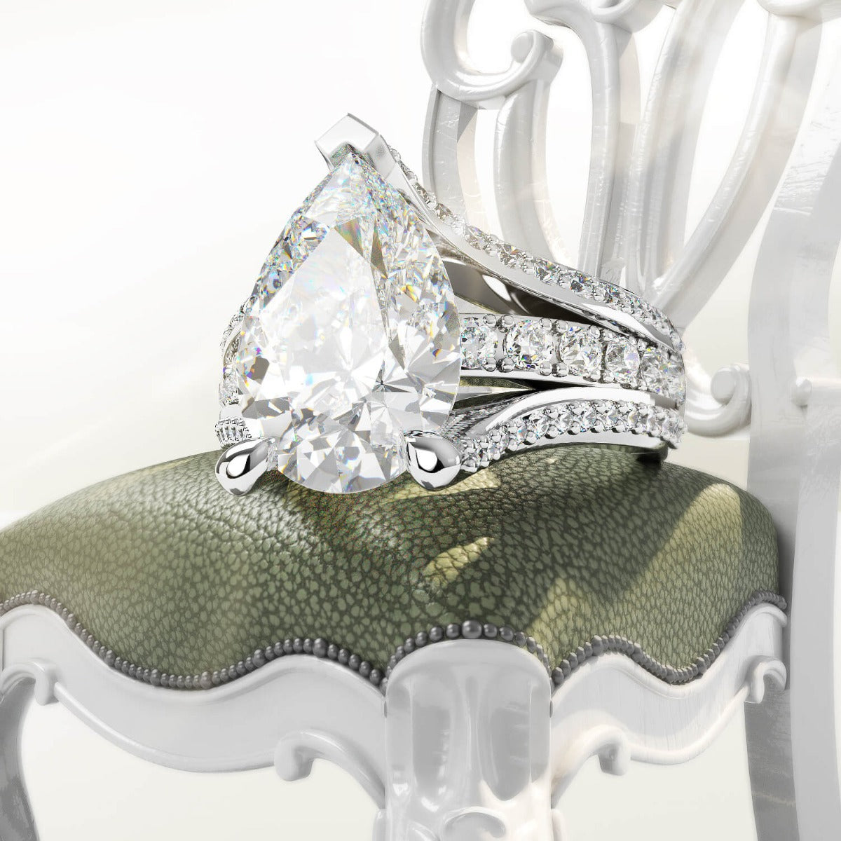 Jorrio pear cut diamond with wave band sterling silver engagement ring