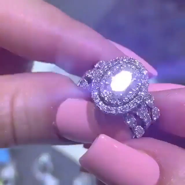 Jorrio oval cut double halo sterling silver wedding ring bridal set