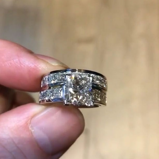 Jorrio handmade princess cut channel paved cianond engagement ring set