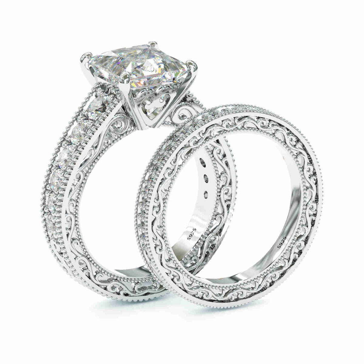 Jorrio handmade princess cut sterling silver classic wedding ring bridal set