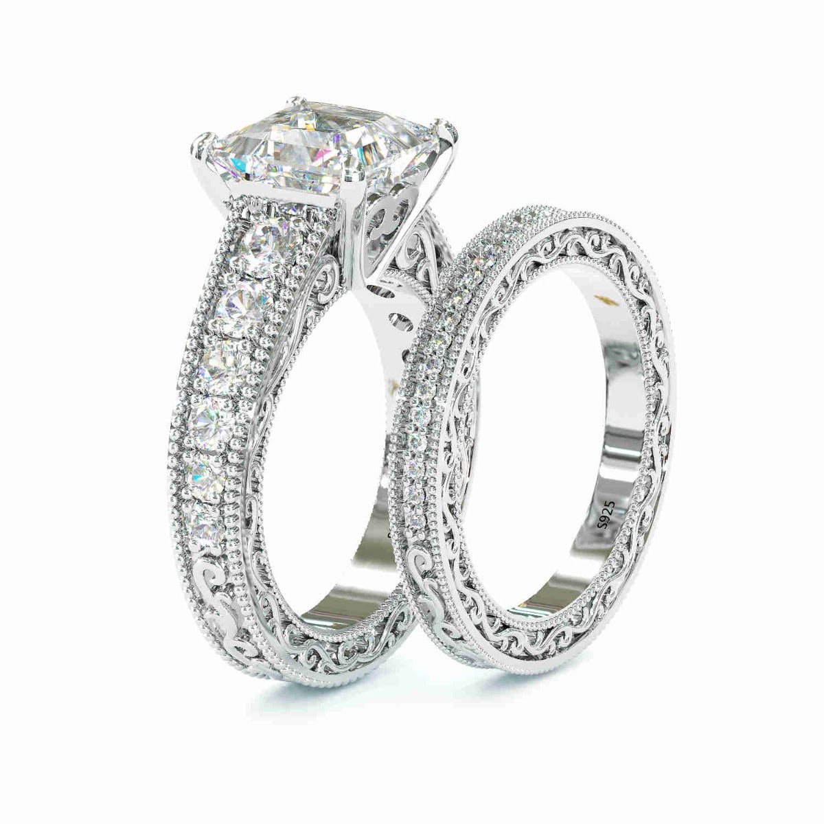 Jorrio handmade princess cut sterling silver classic wedding ring bridal set