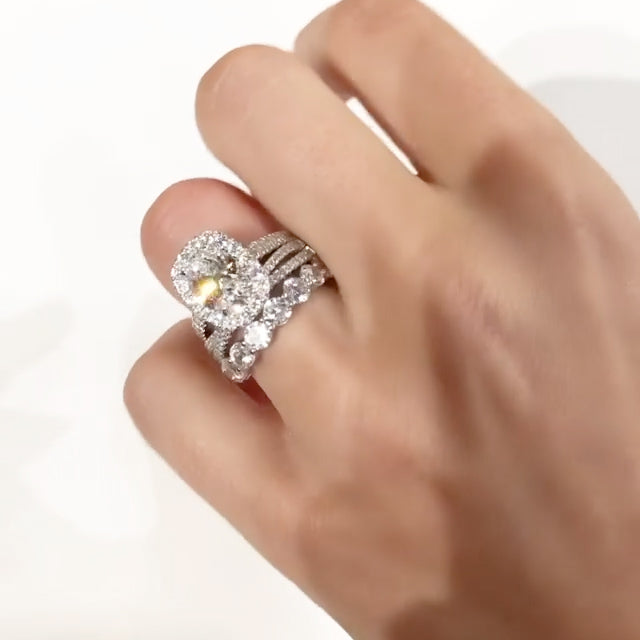 Jorrio handmade oval cut halo 3 pcs vintage sterling silver wedding ring bridal set