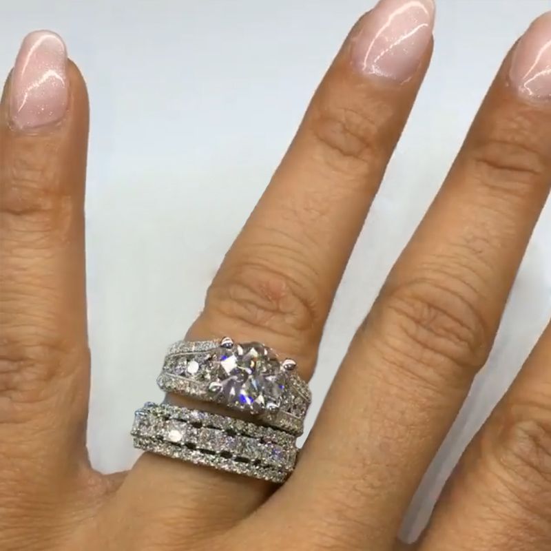 Jorrio handmade 3.0ct round cut with round pave sterling silver wedding ring bridal set