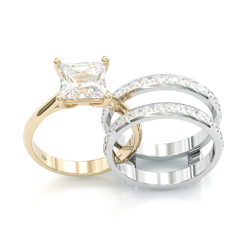 Jorrio handmade princess cut Moissanite two tone anniversary ring wedding ring bridal set