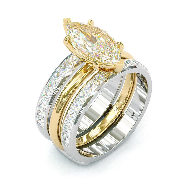 Jorrio handmade marquise cut two tone anniversary ring wedding ring silver bridal set