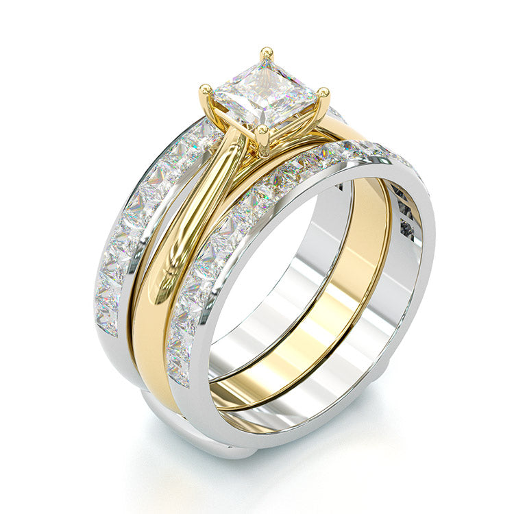 Jorrio handmade princess cut two tone sterling silver wedding ring bridal set