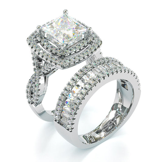 Jorrio handmade created diamond princess cut halo sterling silver wedding ring bridal set