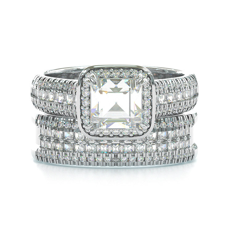 Jorrio handmade vintage princess cut halo created diamond  sterling silver wedding ring bridal set