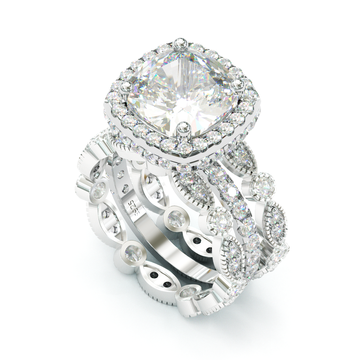 Jorrio handmade created diamond cushion cut sterling silver bridal set