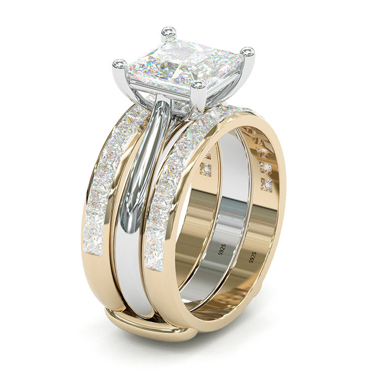 Jorrio princess cut 2 pcs sterling silver two tone wedding ring bridal set