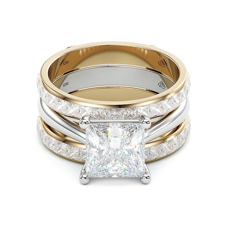 Jorrio princess cut 2 pcs sterling silver two tone wedding ring bridal set