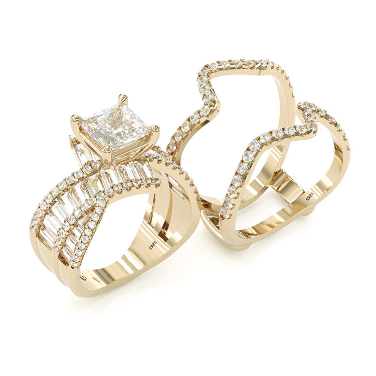 Jorrio handmade vintage princess cut anniversary ring wedding ring gold bridal set
